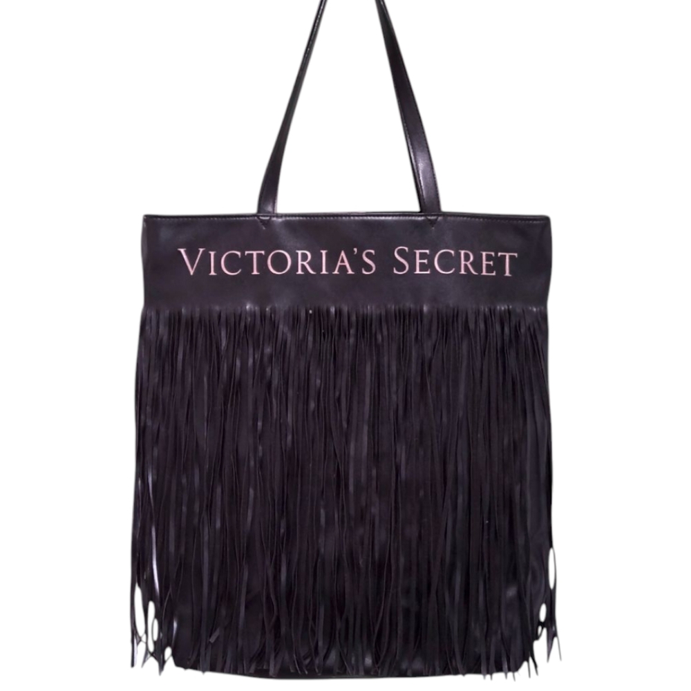 Victoria's Secret Black Fringe Vegan Tote Bag Boho Festival Carryall Ltd Edition